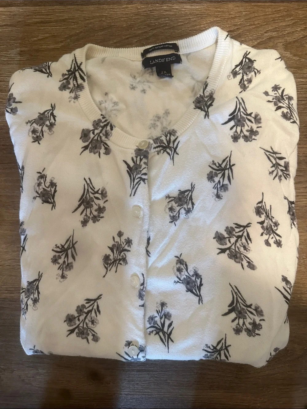 Lands' End White Cardigan with Gray Floral Print